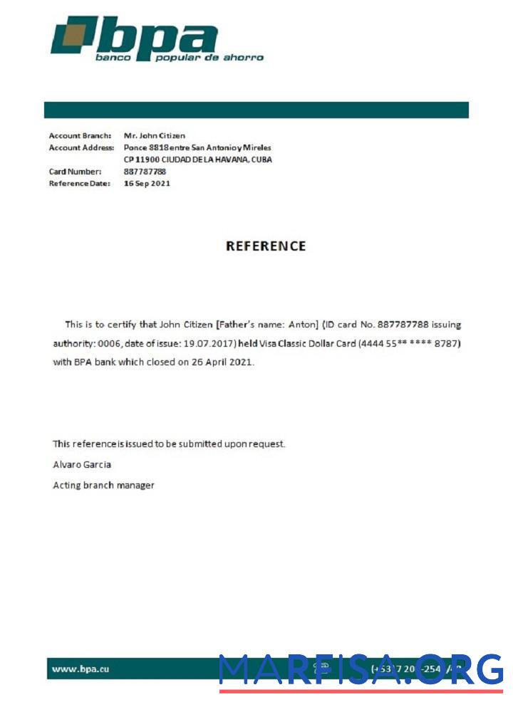 Downloadable Cuba Banco Popular de Ahorro closure reference sample